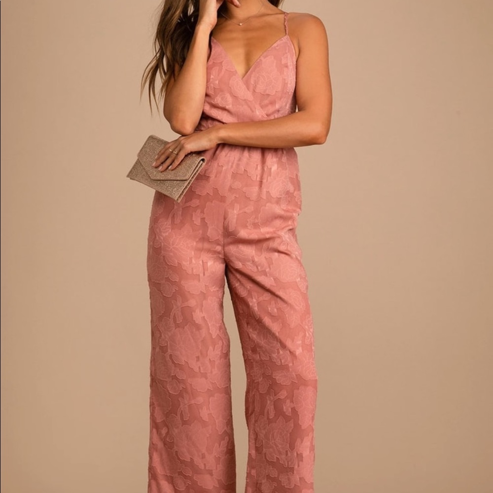 Lulu’s Small Days of Beauty Rusty Rose Burnout Floral Surplice Jumpsuit